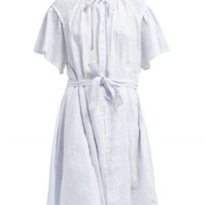 Innika Choo Blue Geometric Embroidered Linen Midi Dress Smocked Size 1